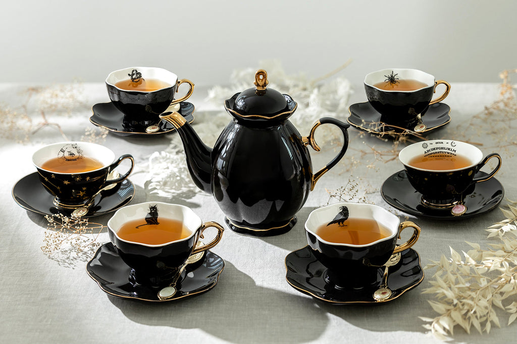 Black Gold Scallop Teapot + 6 Assorted Halloween Tea Cup and Saucer Sets - Ver. B