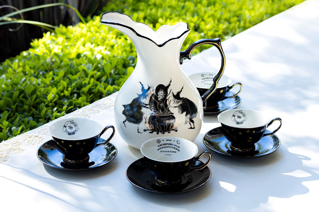 Witches Brew Pitcher + 4 Assorted Halloween Tea Cup and Saucer Sets - Ouija & Witchy Crystal Ball