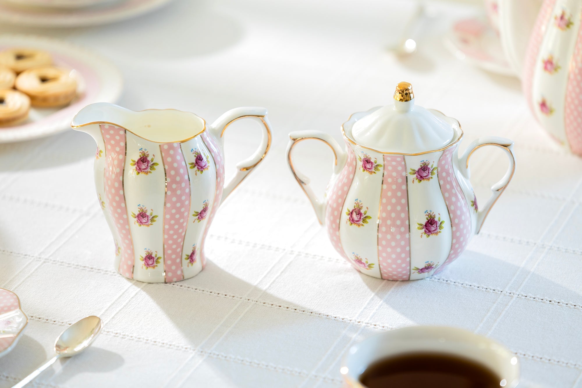 Pink Polka Dot Rosebud Scallop Fine Porcelain Sugar & Creamer Set