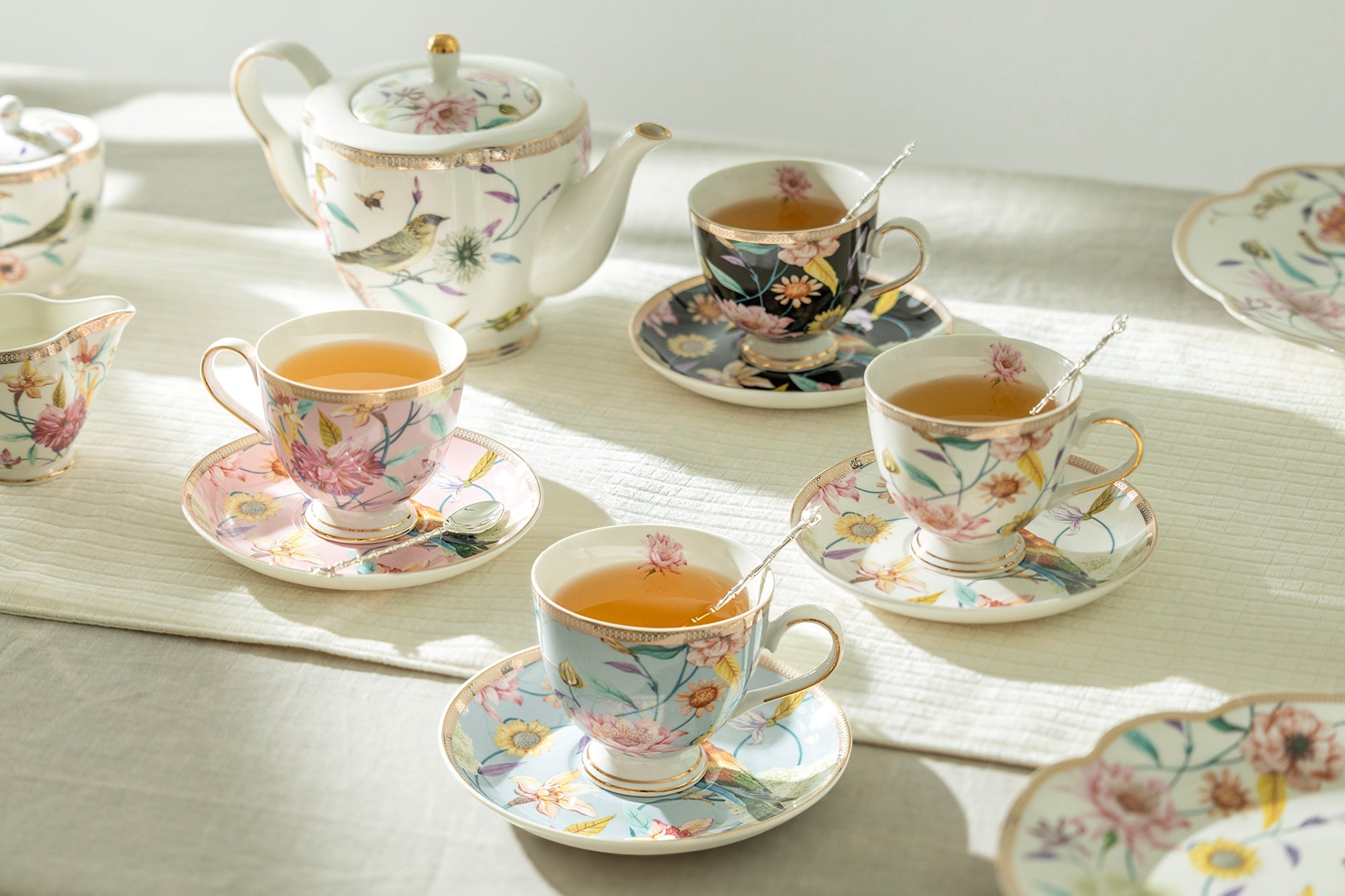 Spring Flowers with Hummingbird Assorted Color Cups Fine Porcelain Tea Set