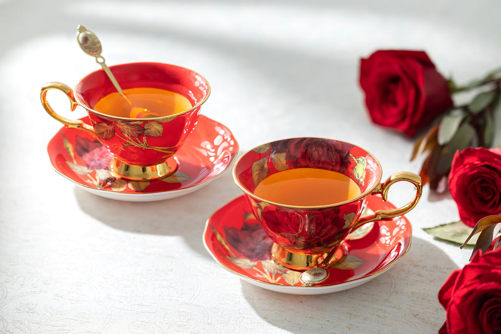 Gold Red Stem Rose Bone China Tea Cup and Saucer