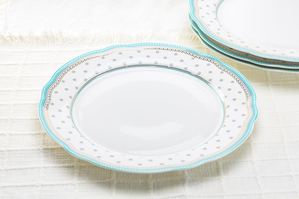 11" Turquoise Josephine Grey Dots Fine Porcelain Dinner Plate