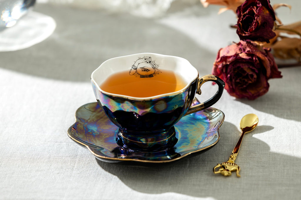 Black Gold Teapot + Sugar Creamer + 4 Witchy Crystal Ball Black Gold Luster Tea Cup and Saucer Sets