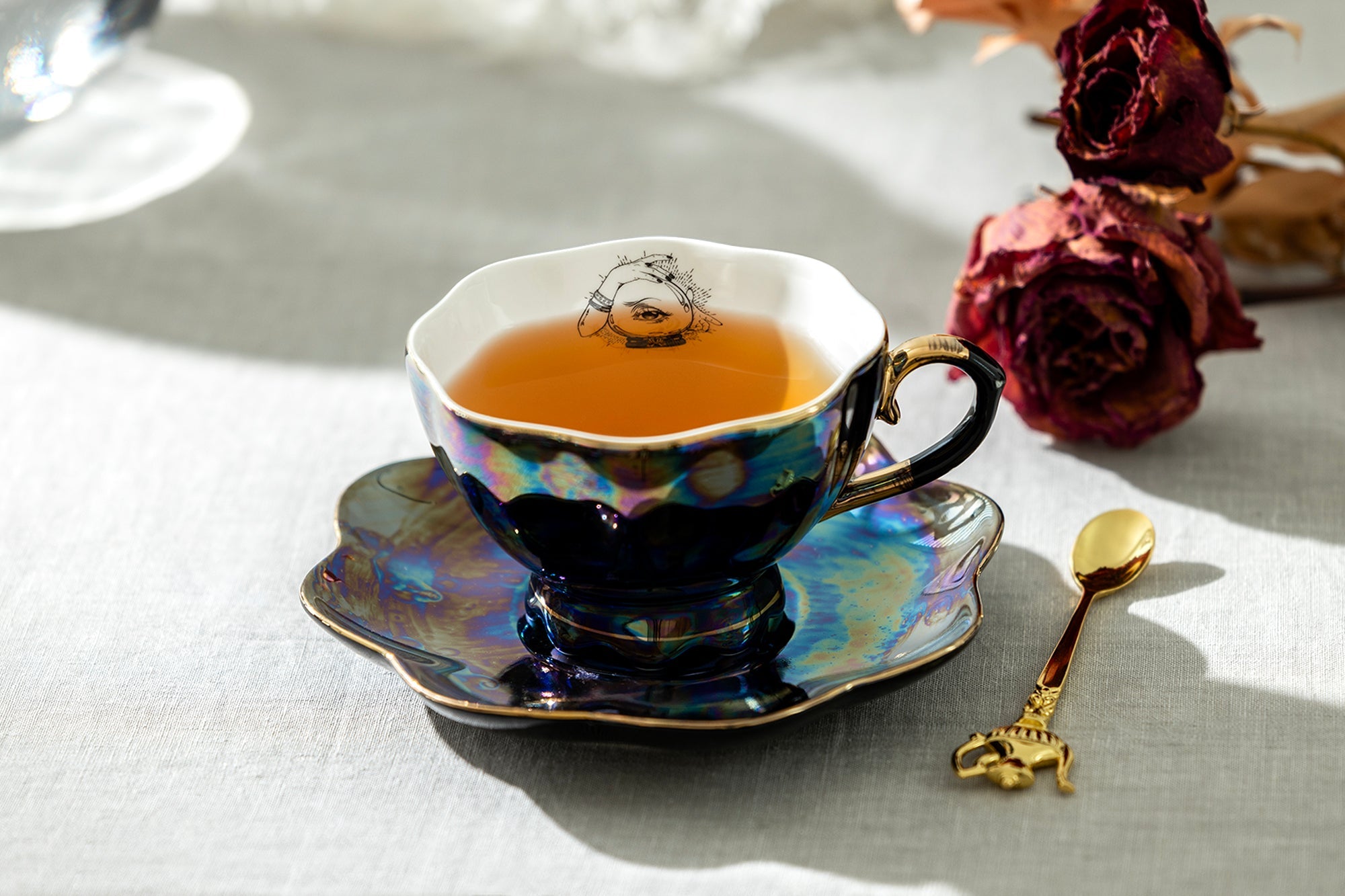 Black Gold Teapot + Sugar Creamer + 4 Witchy Crystal Ball Black Gold Luster Tea Cup and Saucer Sets