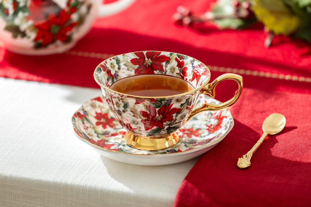 Cardinal Poinsettia Chintz Gold Bone China Tea Set
