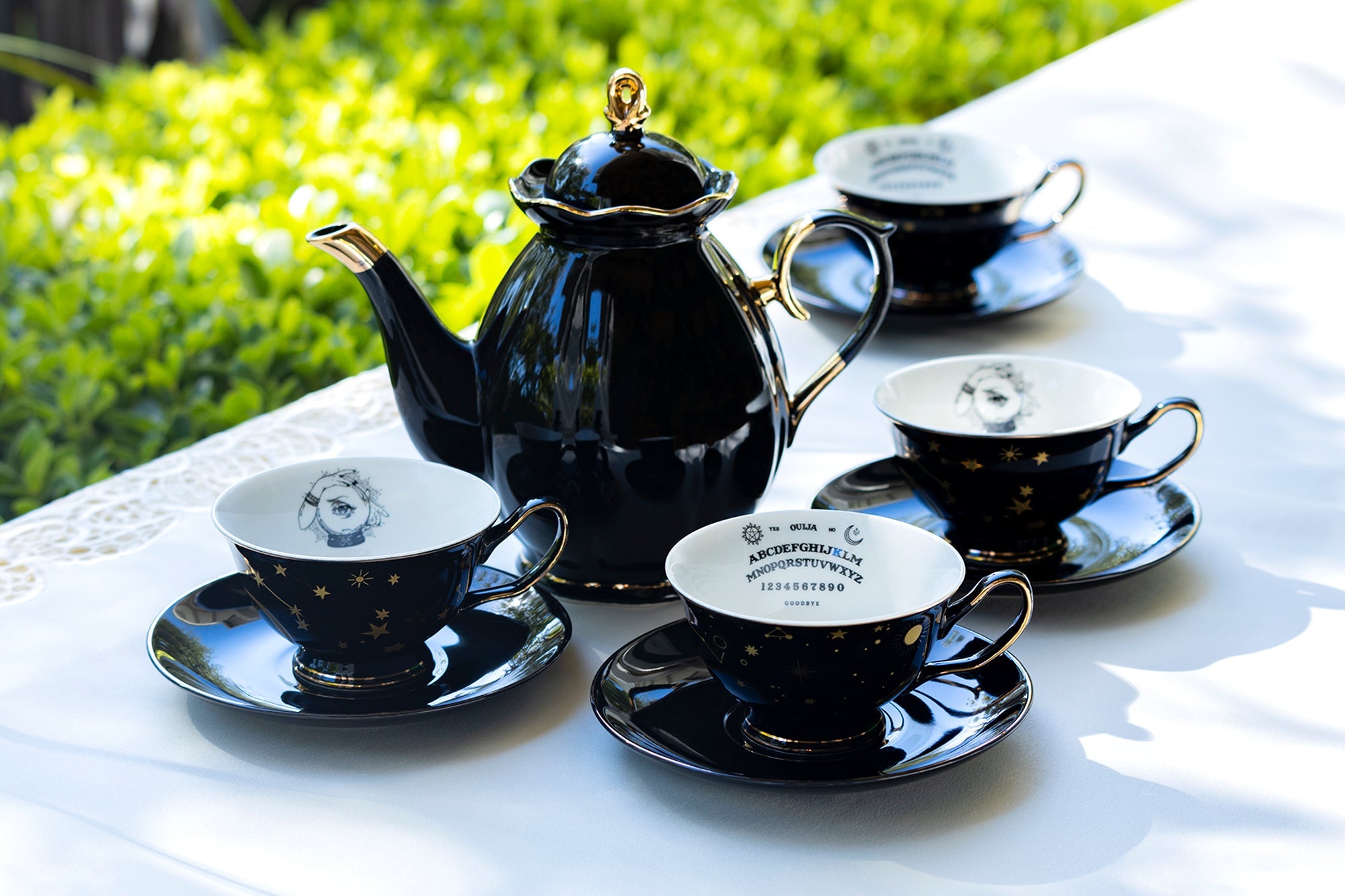 Black Gold Scallop Teapot + 4 Assorted Halloween Tea Cup and Saucer Sets - Ouija & Witchy Crystal Ball