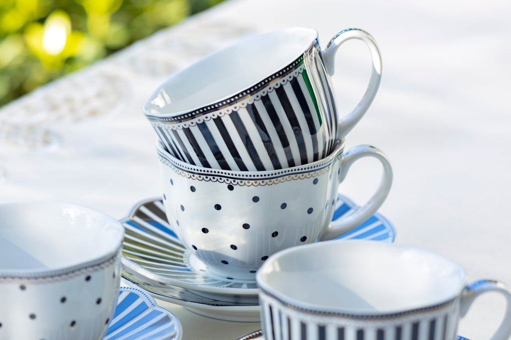 Black Josephine Stripes and Dots Fine Porcelain Cup and Saucer Sets