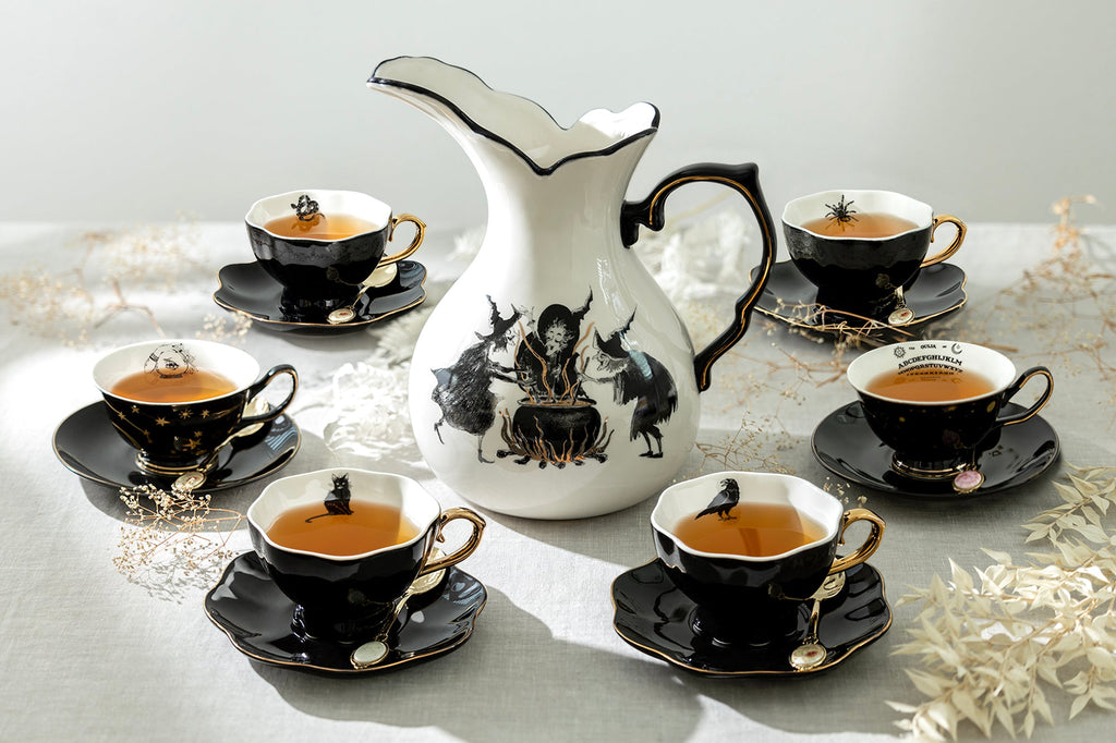Witches Brew Pitcher + 6 Assorted Halloween Tea Cup and Saucer Sets - Ver. B