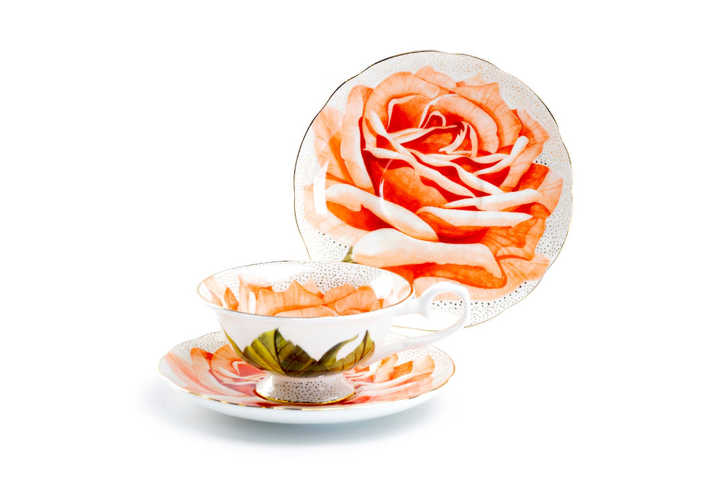 Orange Rose Gold Dots Bone China Tea Cup and Saucer