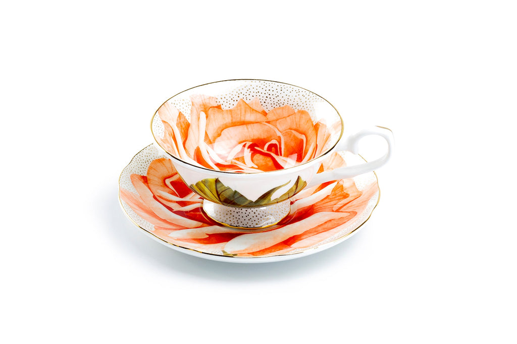 Orange Rose Gold Dots Bone China Tea Cup and Saucer