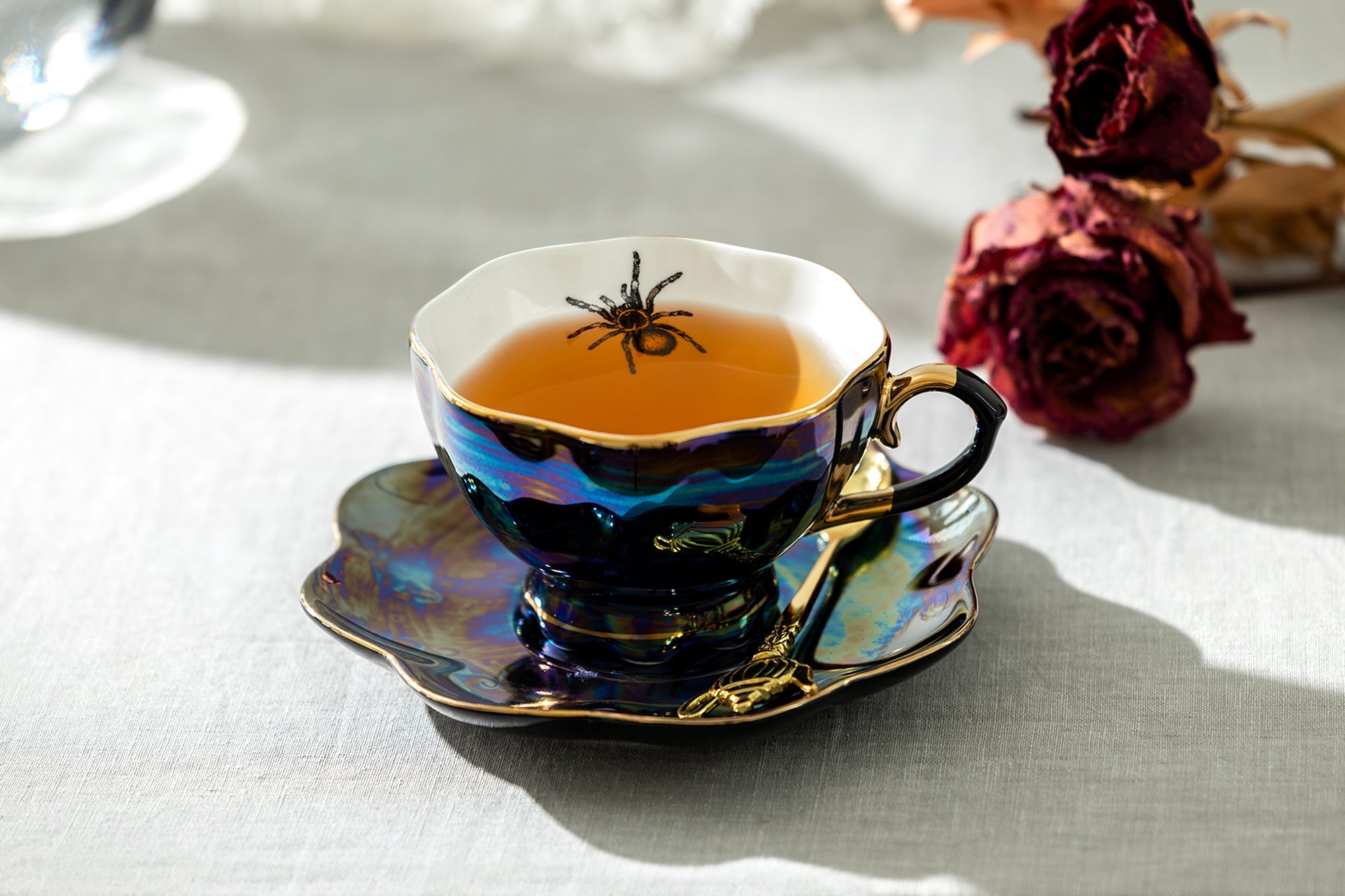 4 Assorted Halloween Black Gold Luster Tea Cup and Saucer Sets - Crow, Spider, Skull, Ouija Board