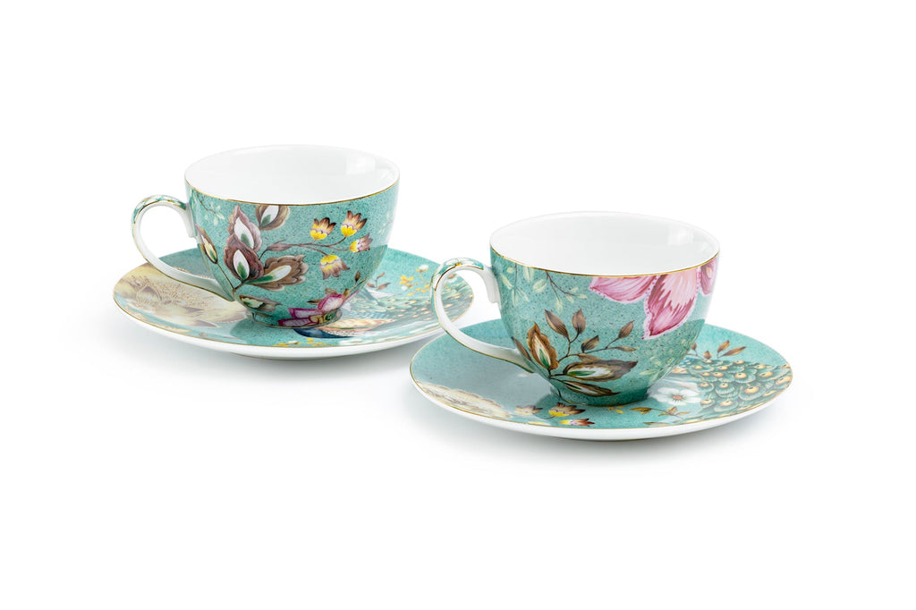 Peacock Lotus Garden Green Fine Porcelain Assorted Cup and Saucer Sets