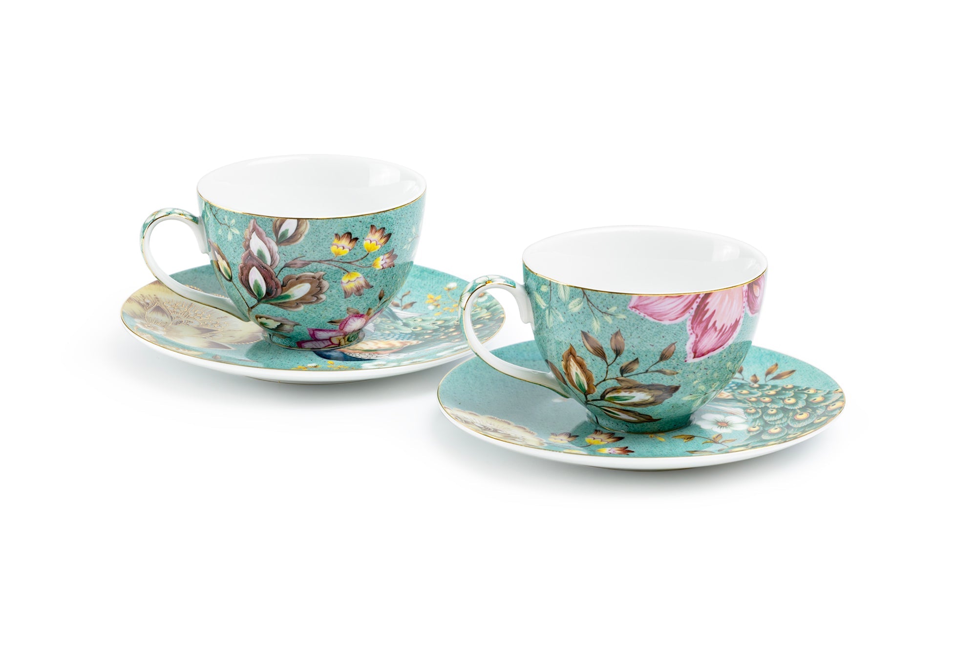 Peacock Lotus Garden Green Fine Porcelain Assorted Cup and Saucer Sets