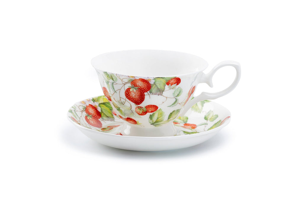 Strawberry Bone China Tea Cup and Saucer