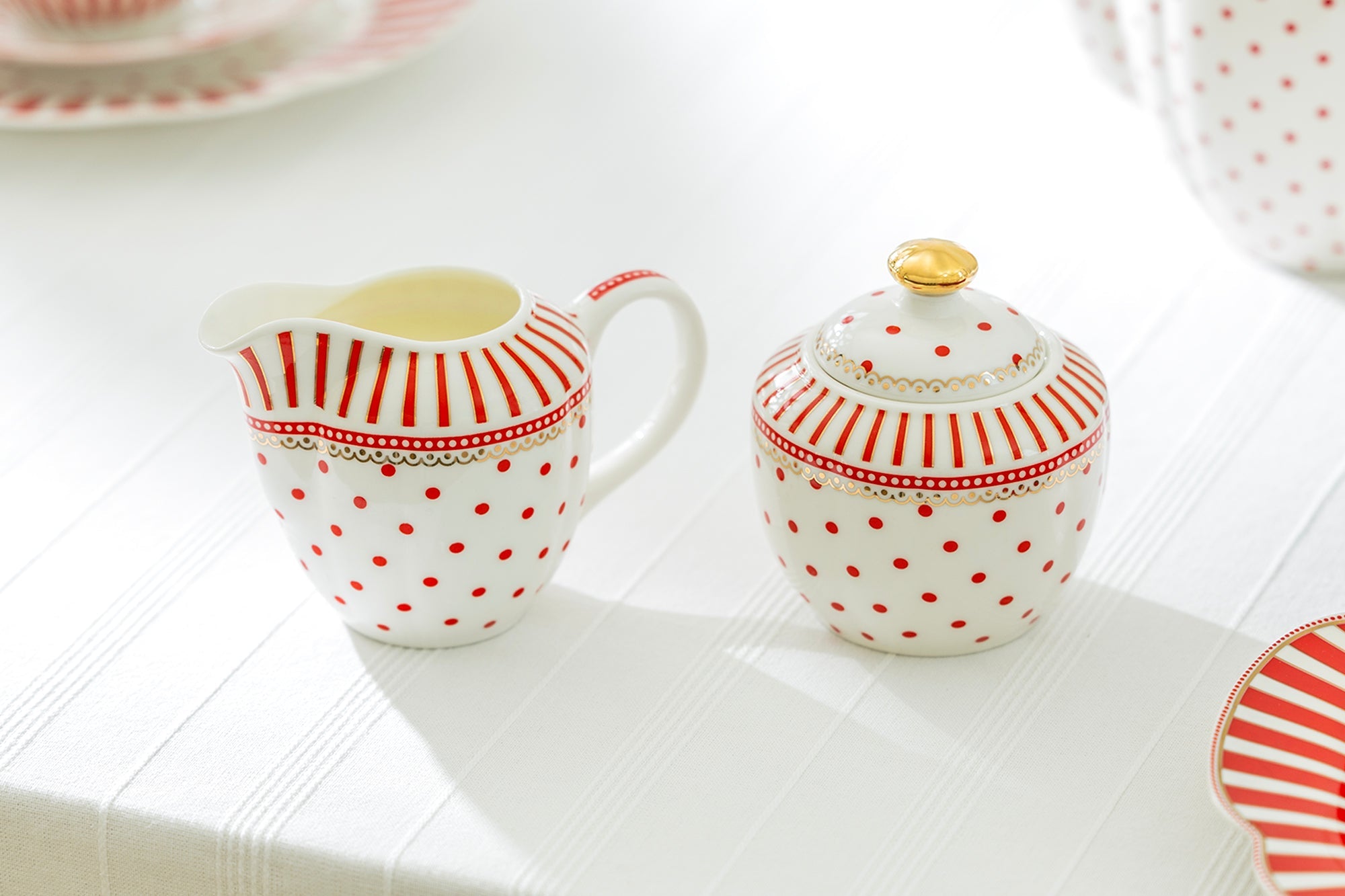Red Josephine Stripes and Dots Fine Porcelain 11-Piece Tea Set