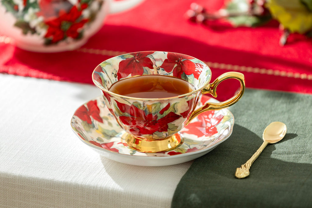 Cardinal Poinsettia Gold Bone China Tea Set