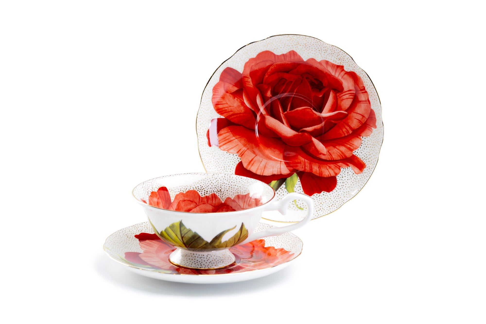 Red Rose Gold Dots Bone China Tea Cup and Saucer