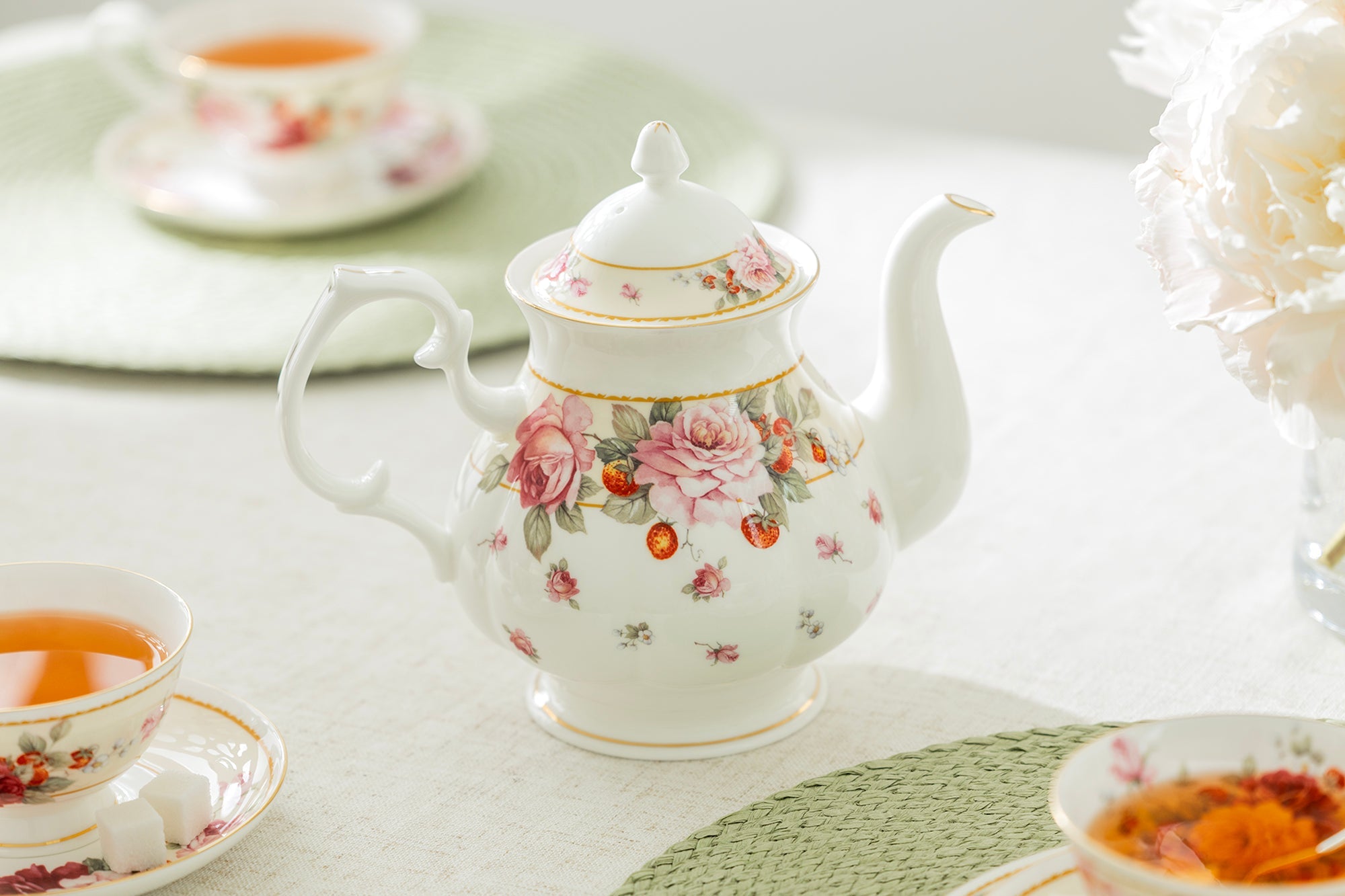 Peony and Strawberry Cream Bone China 9-Piece Tea Set