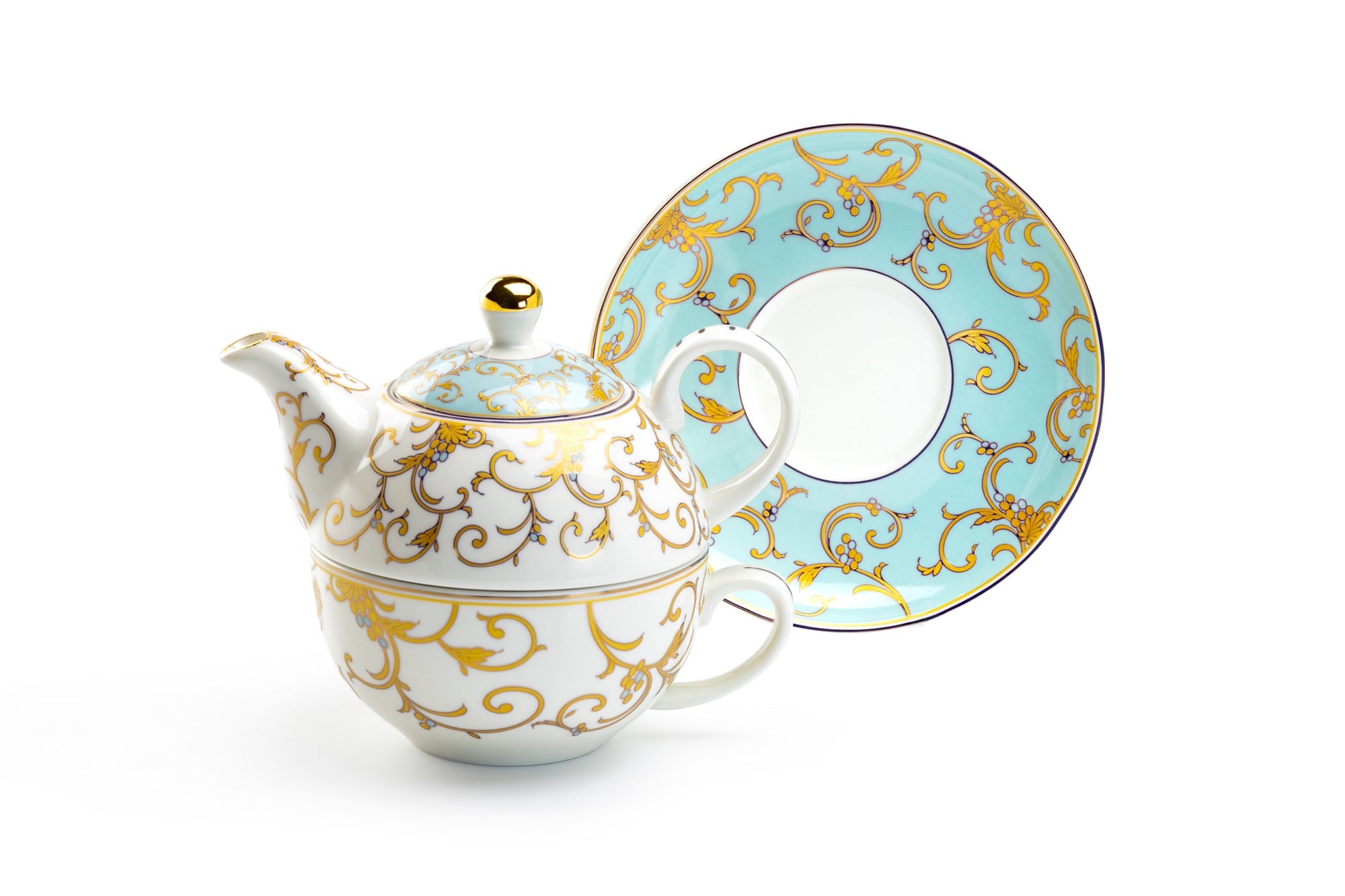 Mint Gold Scroll Fine Porcelain Tea For One Set