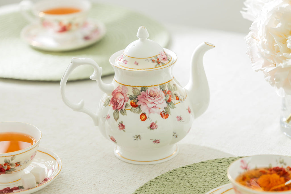 Peony and Strawberry Cream Bone China Teapot
