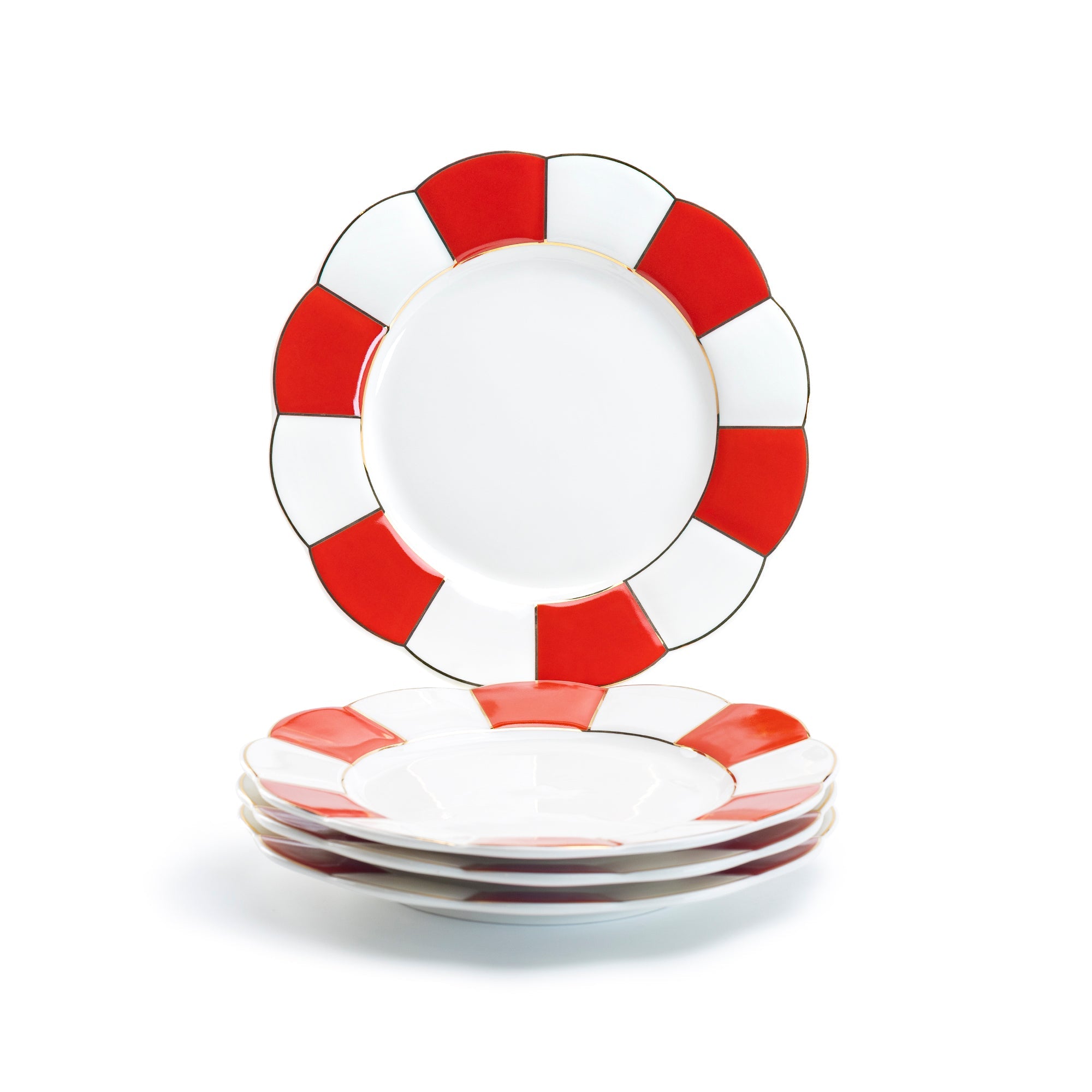 Red and White Scallop Fine Porcelain Dessert/Dinner Plate