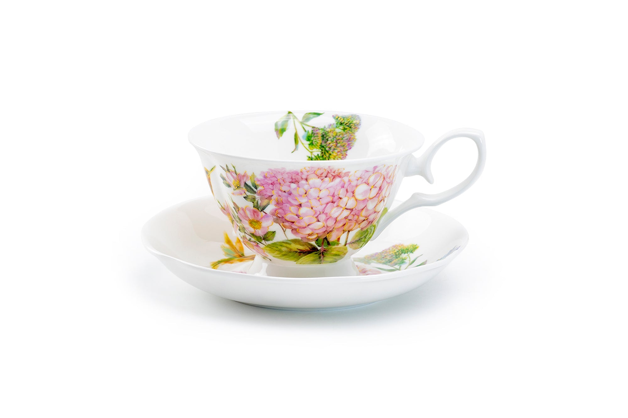 Hydrangea with Hummingbird Bone China Tea Cup and Saucer