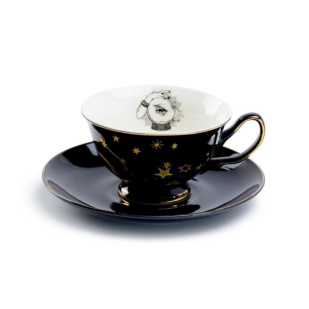 Witchy Crystal Ball Astrology Black Gold Tea Cup and Saucer - CLEARANCE