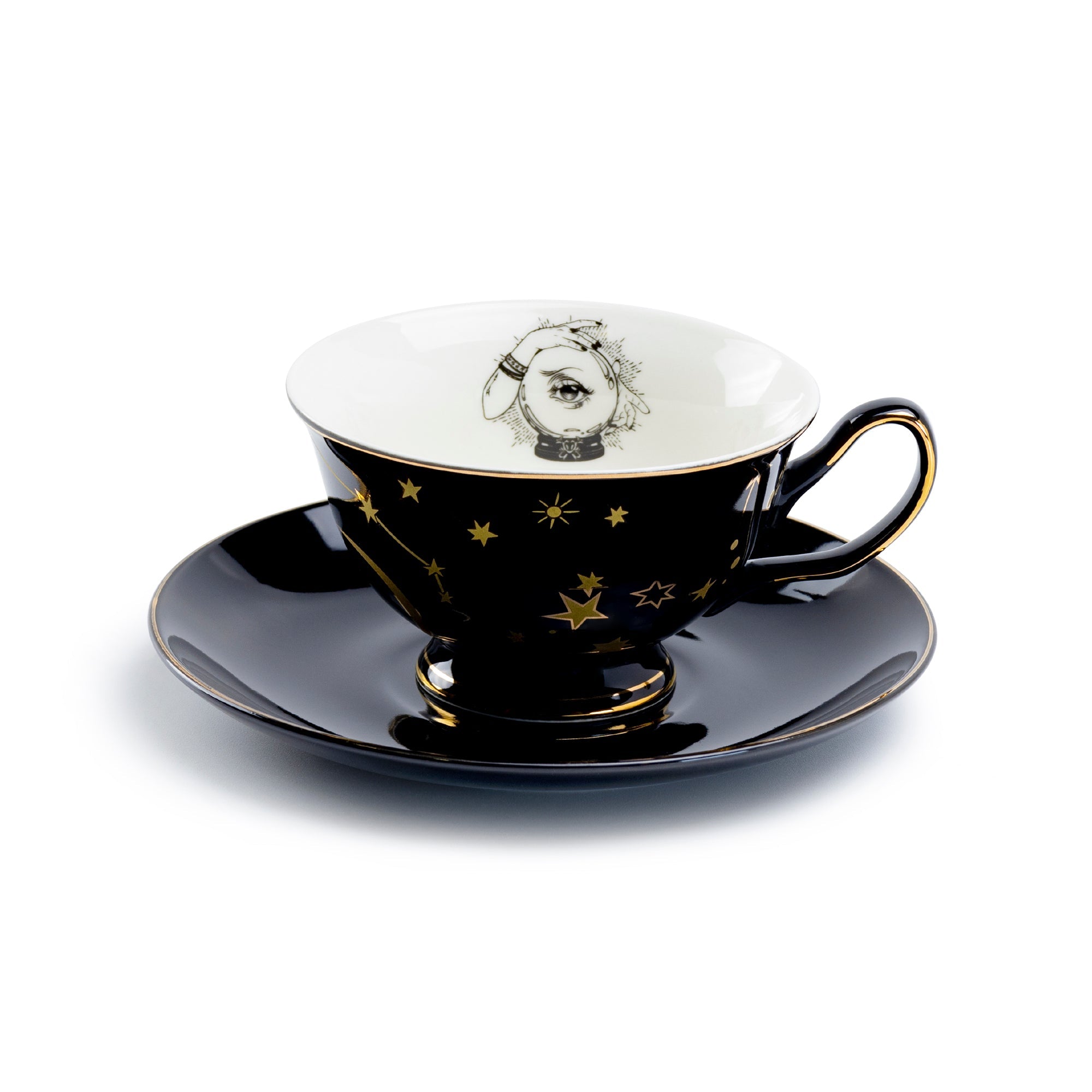 Witchy Crystal Ball Astrology Black Gold Tea Cup and Saucer