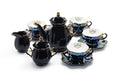 Black Gold Teapot + Sugar Creamer + 4 Ouija Board Black Gold Luster Tea Cup and Saucer Sets