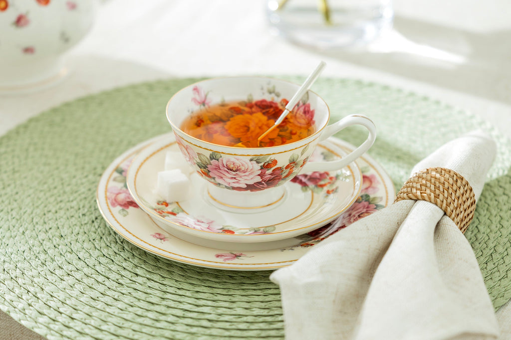 Peony and Strawberry Cream Bone China Tea Cup and Saucer