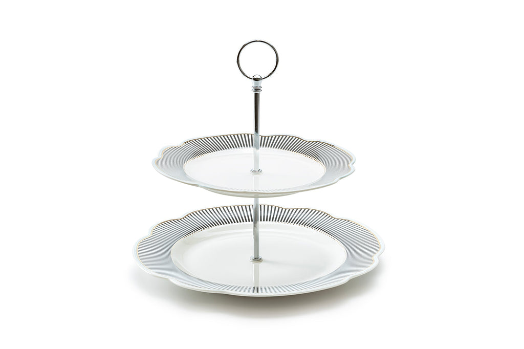 Dark Gray Stripes with Gold Dots Scallop Fine Porcelain 2-Tier Server