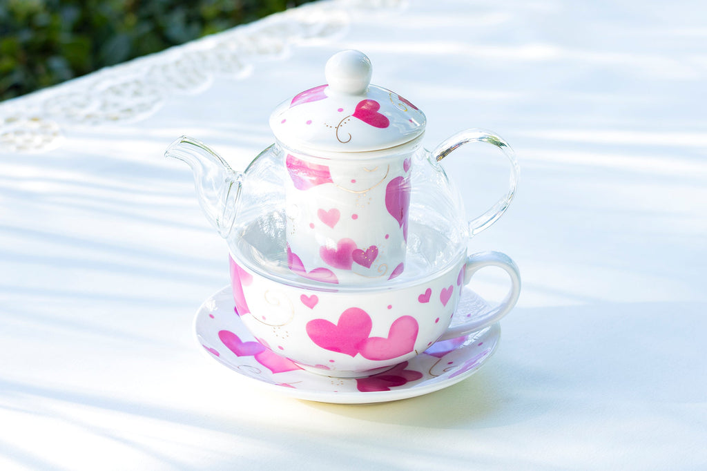 Pink Hearts Glass and Fine Porcelain Tea For One Set