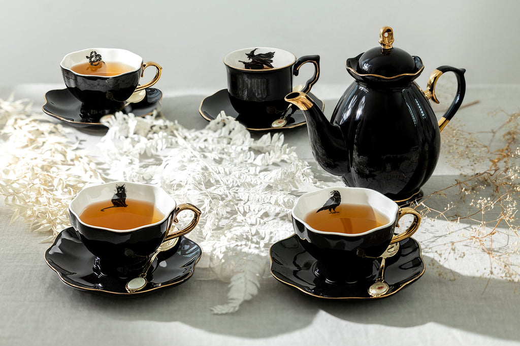 Black Gold Scallop Teapot + 4 Assorted Halloween Tea Cup and Saucer Sets - Ver. A