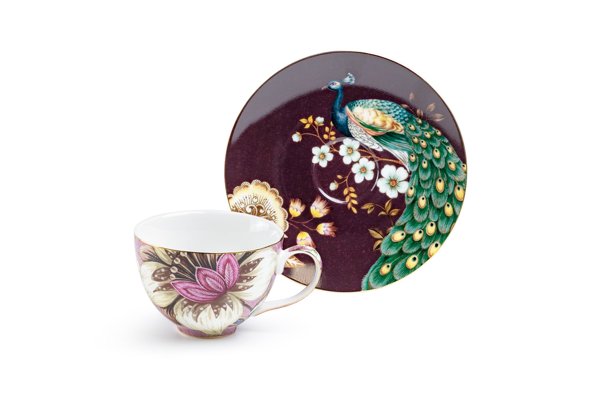 Peacock Lotus Garden Pink Fine Porcelain Assorted Cup and Saucer Sets