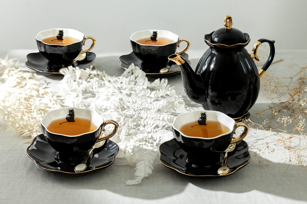 Black Gold Scallop Teapot + 4 Black Cat Tea Cup and Saucer Sets