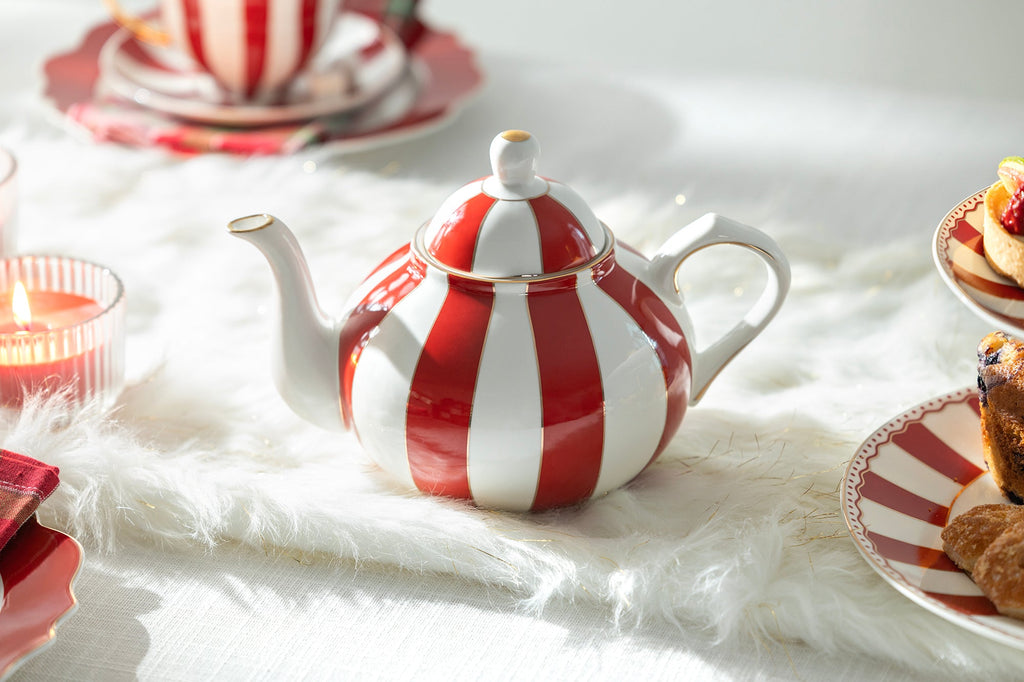 Red Carousel Stripes Fine Porcelain Teapot - CLEARANCE