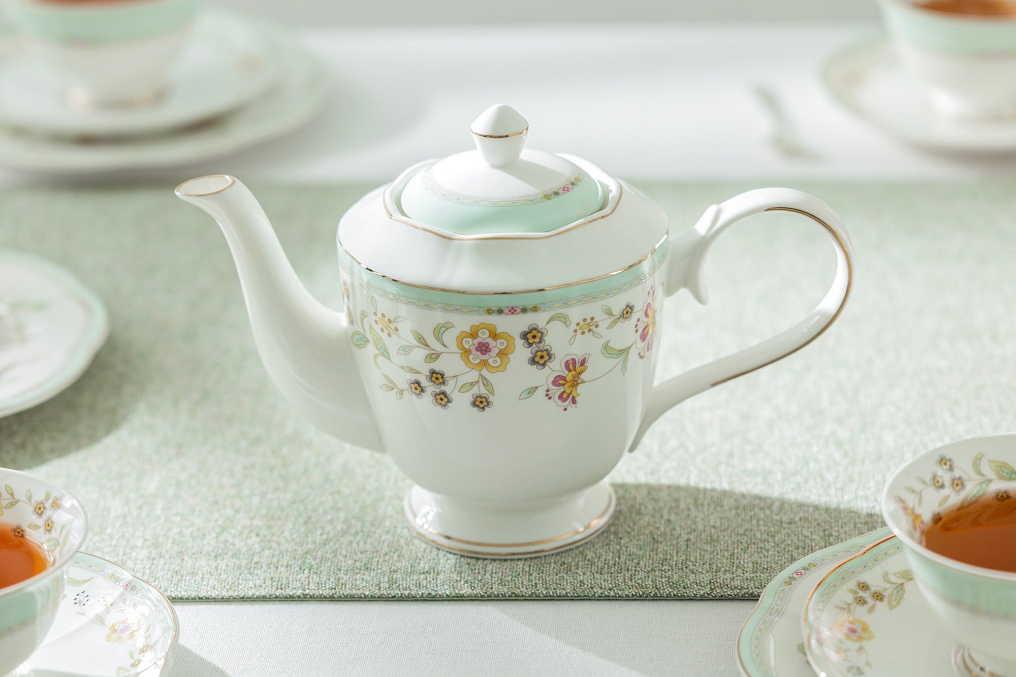 Yellow Corn Flowers with Mint Rim Fine Porcelain Teapot