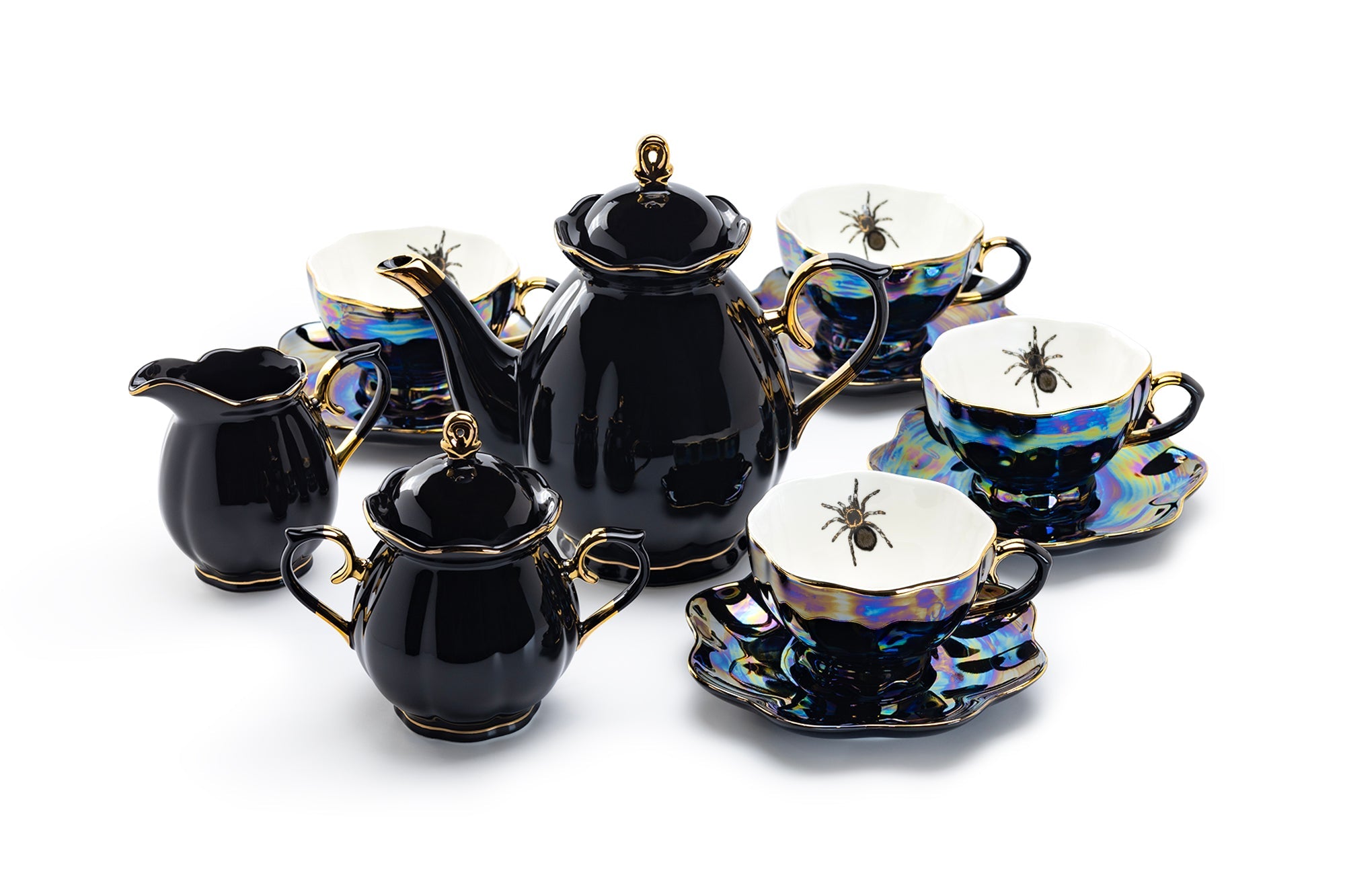 Black Gold Teapot + Sugar Creamer + 4 Spider Black Gold Luster Tea Cup and Saucer Sets