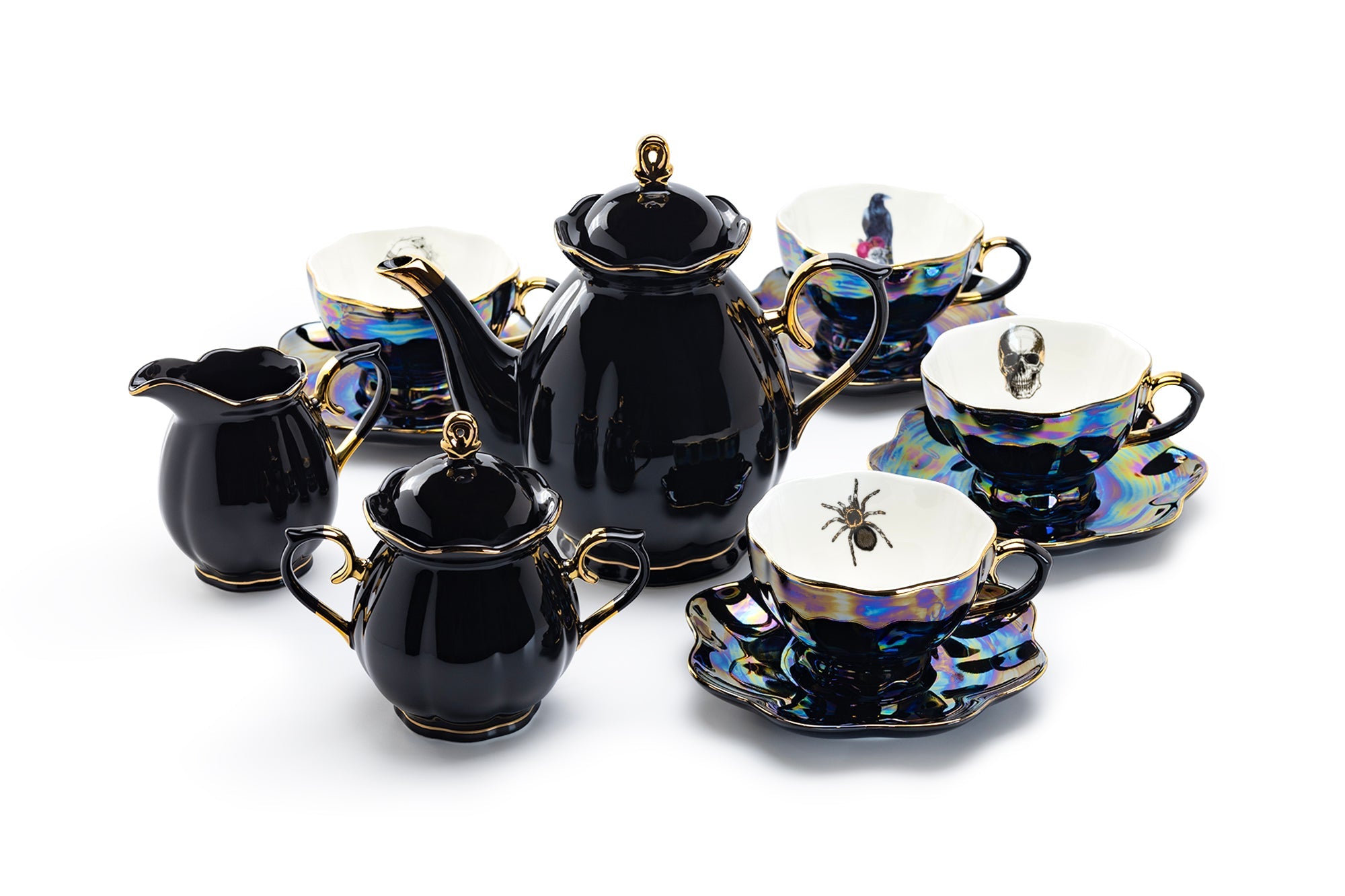 Black Gold Teapot + Sugar Creamer + 4 Assorted Black Gold Luster Tea Cup and Saucer Sets - Spider, Skull, Crow, Witchy Crystal Ball