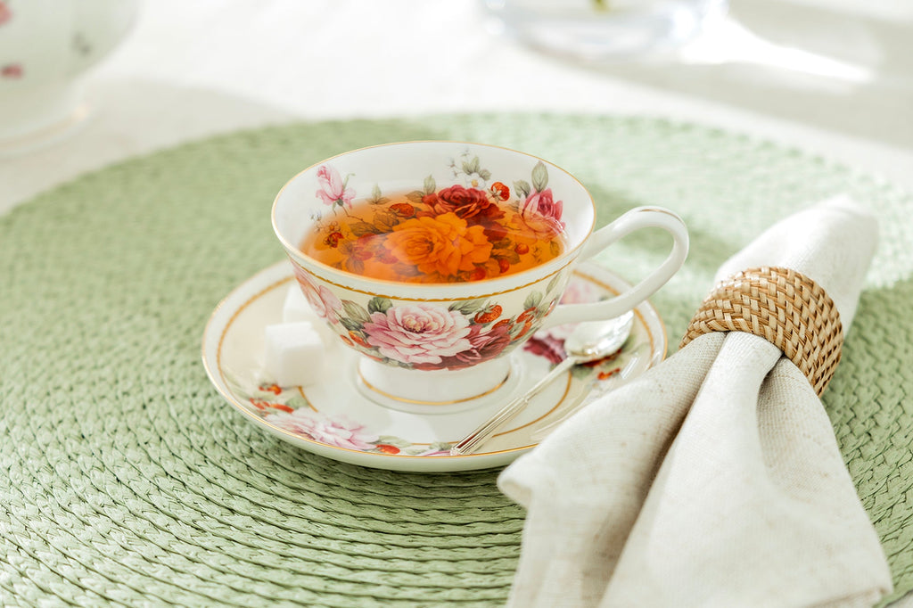 Peony and Strawberry Cream Bone China Tea Cup and Saucer