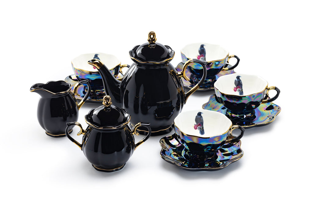 Black Gold Teapot + Sugar Creamer + 4 Crow with Red Roses Black Gold Luster Tea Cup and Saucer Sets