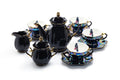 Black Gold Teapot + Sugar Creamer + 4 Crow with Red Roses Black Gold Luster Tea Cup and Saucer Sets