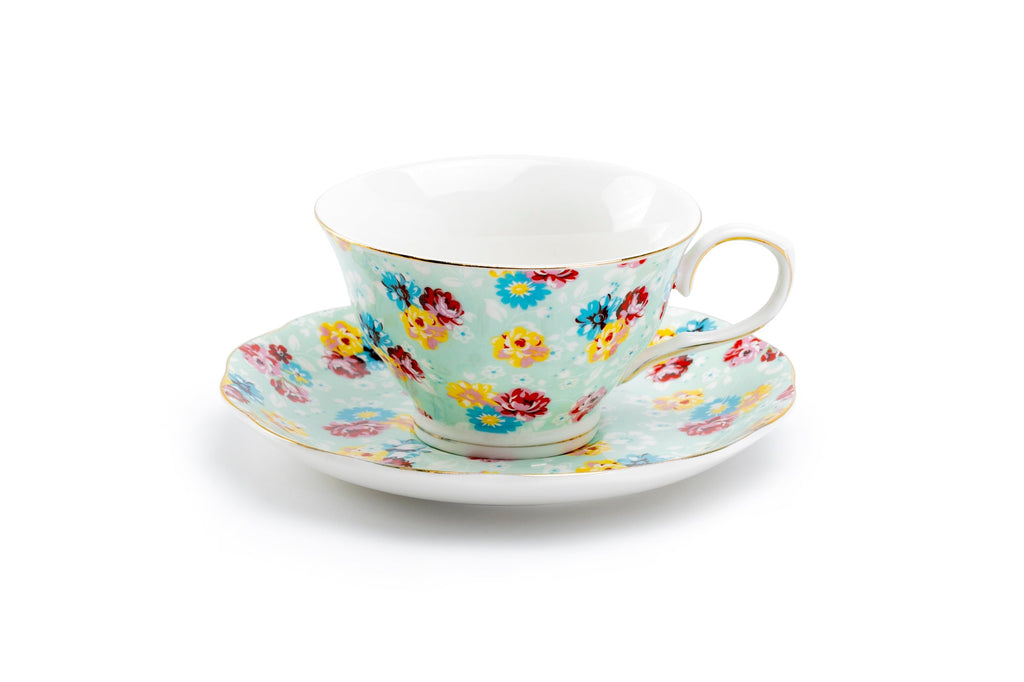 Blue Shabby Rose Fine Porcelain Tea Cup and Saucer