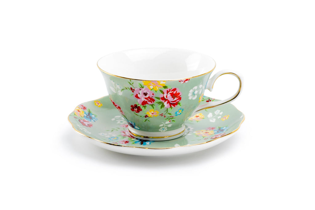 Green Shabby Rose Fine Porcelain Tea Cup and Saucer