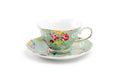 Green Shabby Rose Fine Porcelain Tea Cup and Saucer