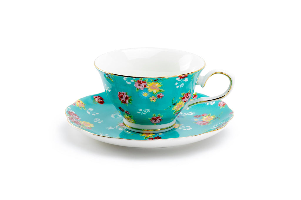 Turquoise Shabby Rose Fine Porcelain Tea Cup and Saucer