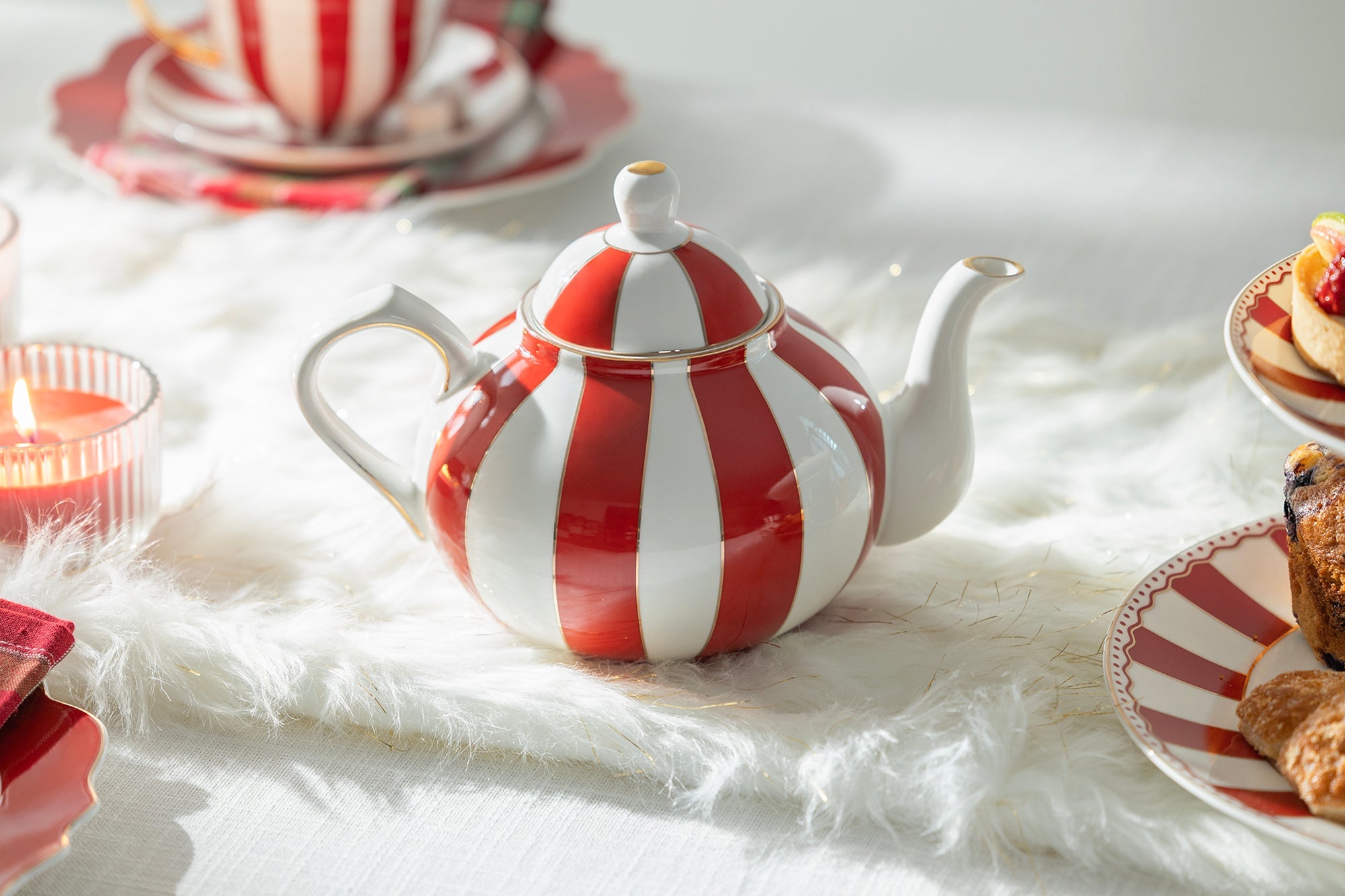 Red Carousel Stripes Fine Porcelain 5-Piece Tea Set