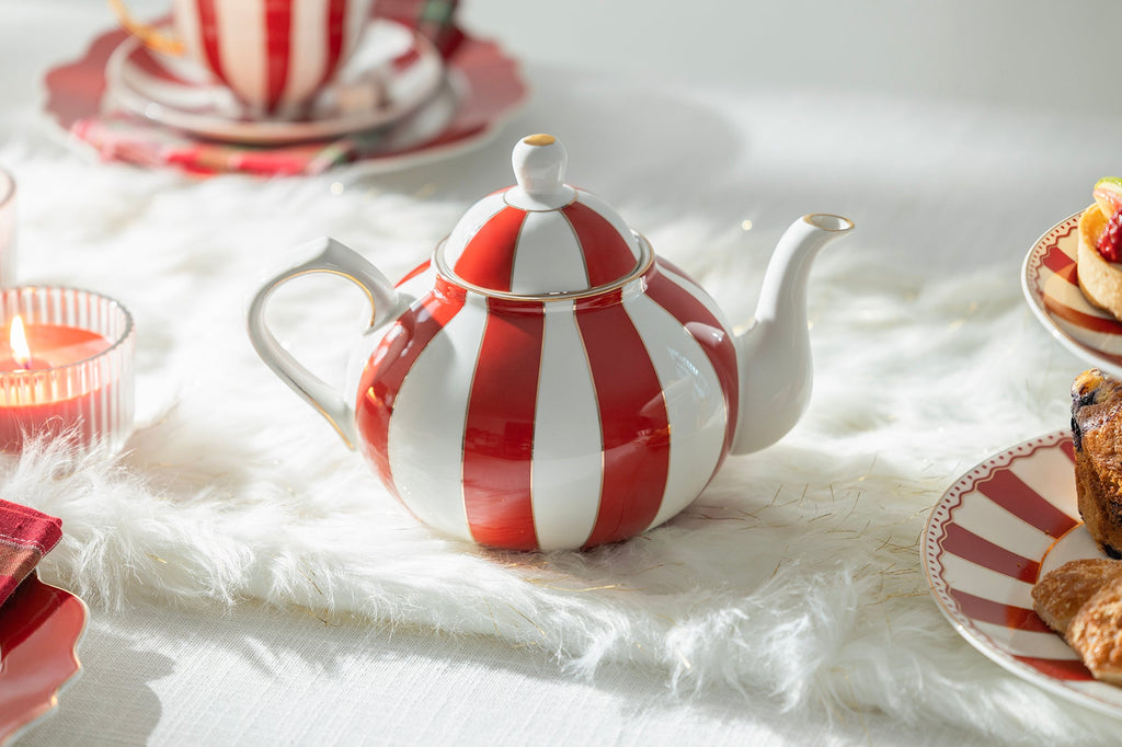 Red Carousel Stripes Fine Porcelain Teapot - CLEARANCE