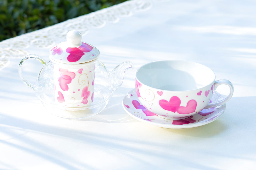 Pink Hearts Glass and Fine Porcelain Tea For One Set
