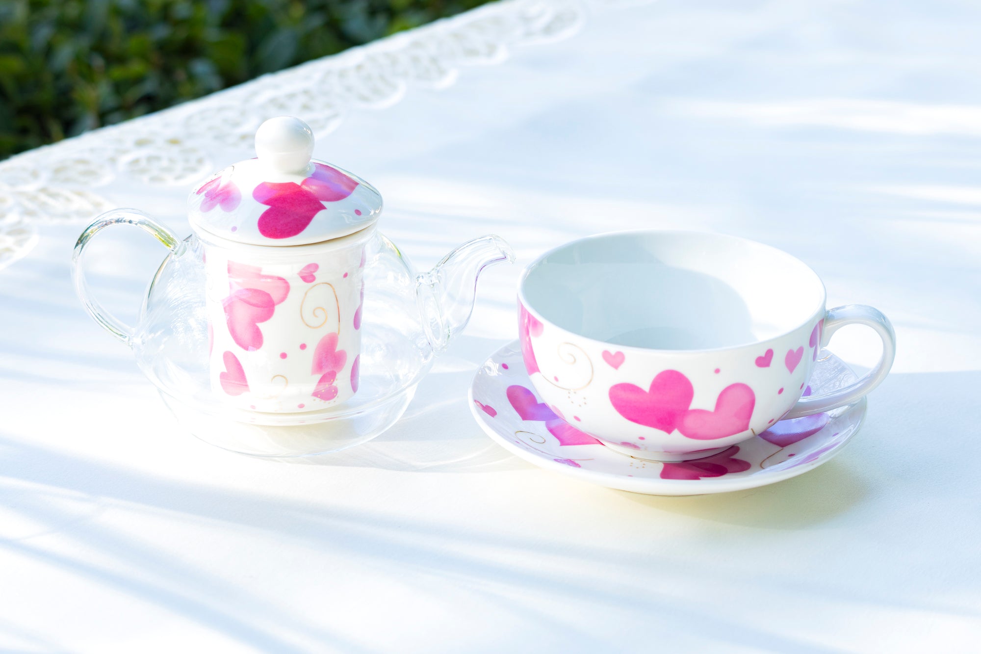 Pink Hearts Glass and Fine Porcelain Tea For One Set